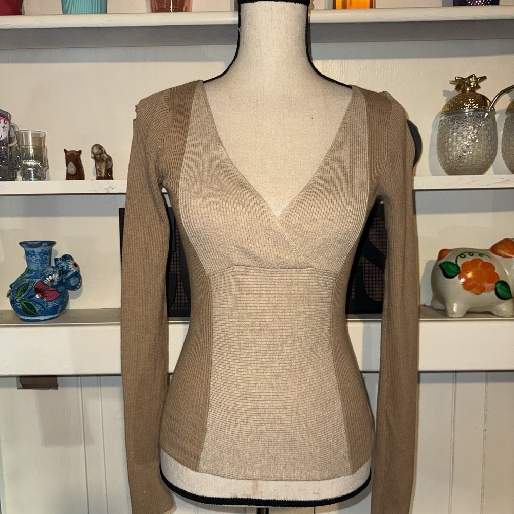 Y2K Armani Exchange Medium Tan Colorblock V Neck Long Sleeve Top Women